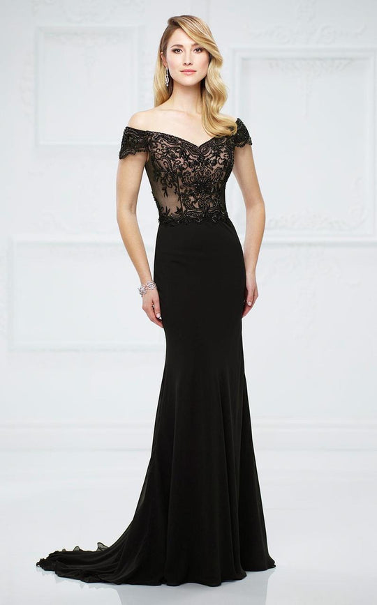 Montage by Mon Cheri - 217951 Off-the-Shoulder Beaded Lace Gown in Black and Neutral