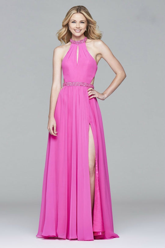 7991 Long chiffon halter dress with beaded trim