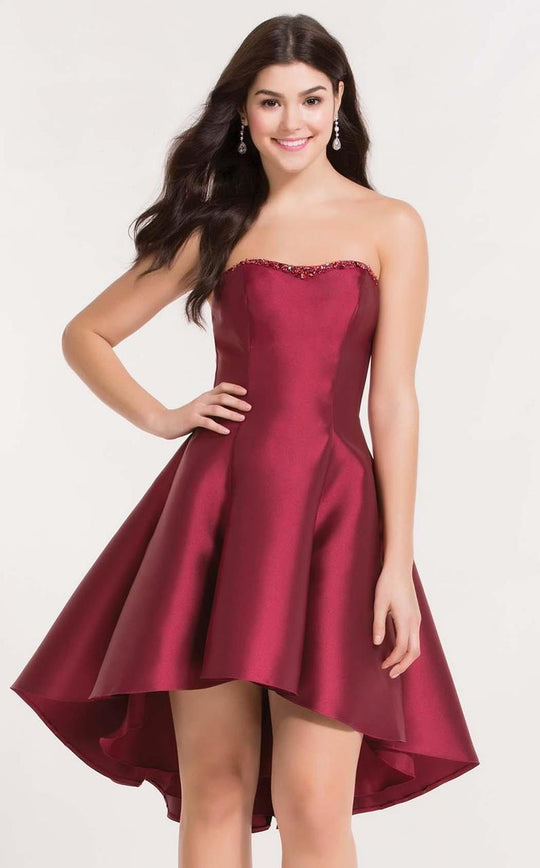 Alyce Paris  - 3697 Shiny Hi-Lo Trimmed Cocktail Dress in Red