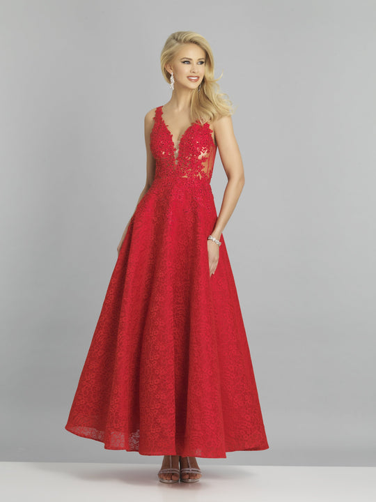 Dave & Johnny - A7995 Floral Applique Illusion Lace Gown In Red