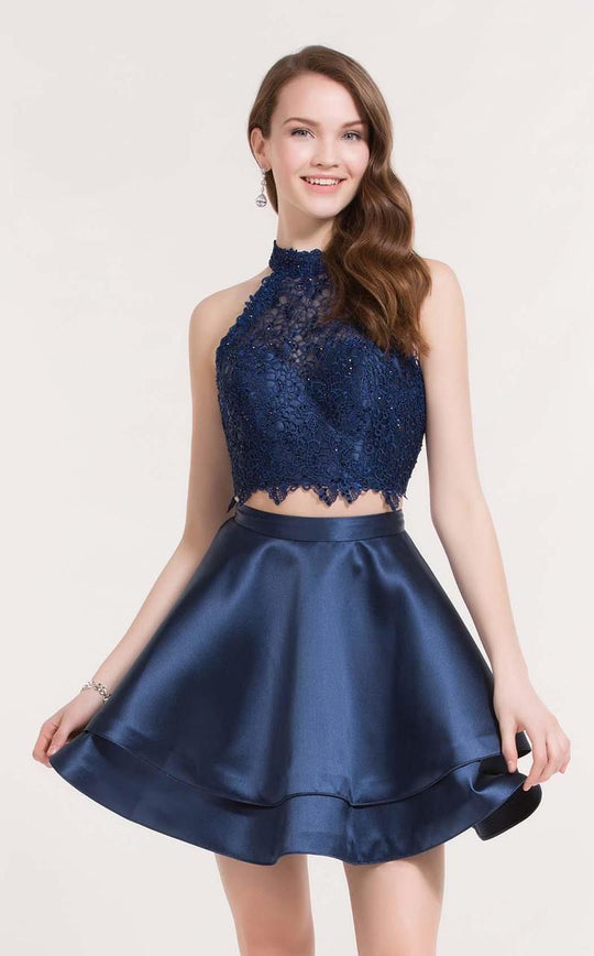 Alyce Paris  - 3735 Two Piece Halter Lace Cocktail Dress in Blue