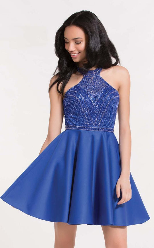 Alyce Paris  - 3750 Shimmering Beaded Halter Cocktail Dress in Blue