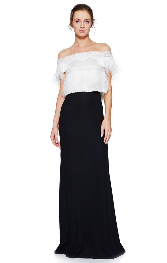 Tadashi Shoji - Fringe Off-Shoulder A-Line Dress In Black and White