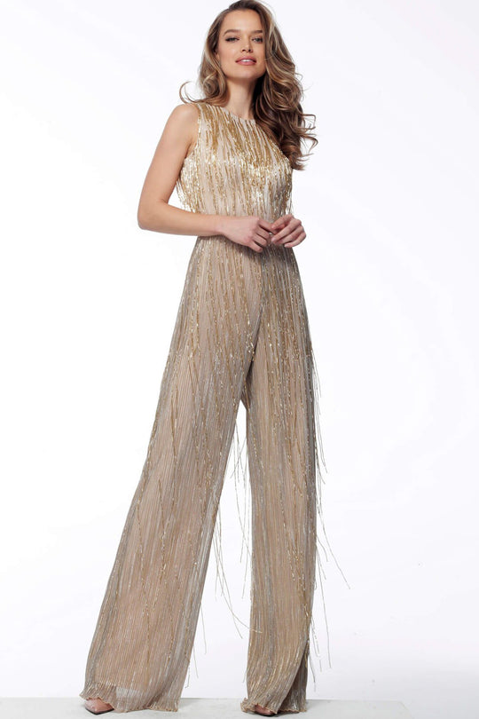 Jovani - 67878 Jewel Beaded Long Jumpsuit In Gold and Neutral