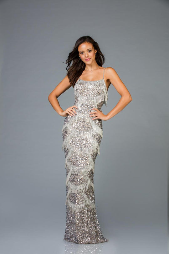 Scala - 48934 Embellished Fringed Sheath Evening Dress In Gray and Silver