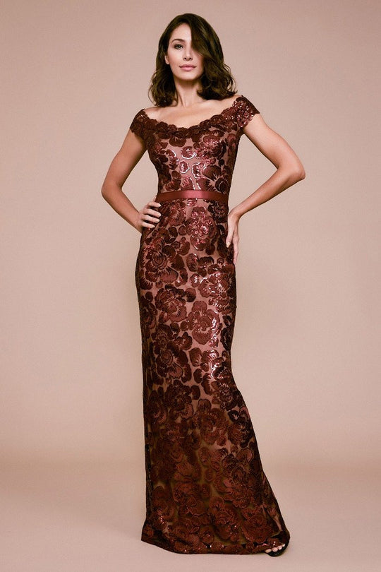 Tadashi Shoji - Scalloped Off Shoulder Long Sequined Gown In Red and Neutral