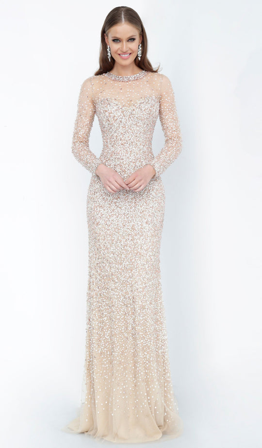 Jovani - 59756 Fully Beaded Long Sleeve Jewel Neck Sheath Dress In Pink and Gold