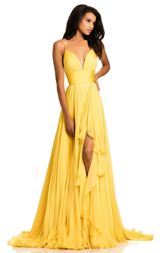 Johnathan Kayne - 8000 Side Ruffled Plunging Ruched Dress In Yellow