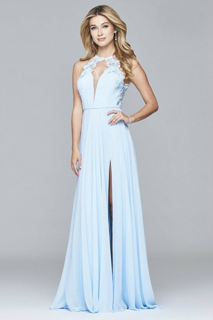 8001 Long chiffon deep v-neck dress with lace applique