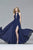 8001 Long chiffon deep v-neck dress with lace applique
