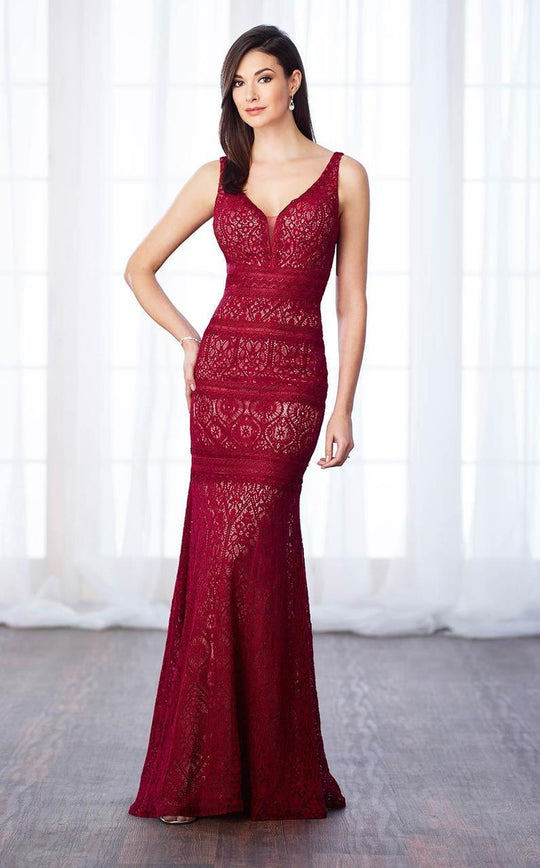 Cameron Blake - 217631 Laced Deep V-Neck Trumpet Dress in Red and Neutral