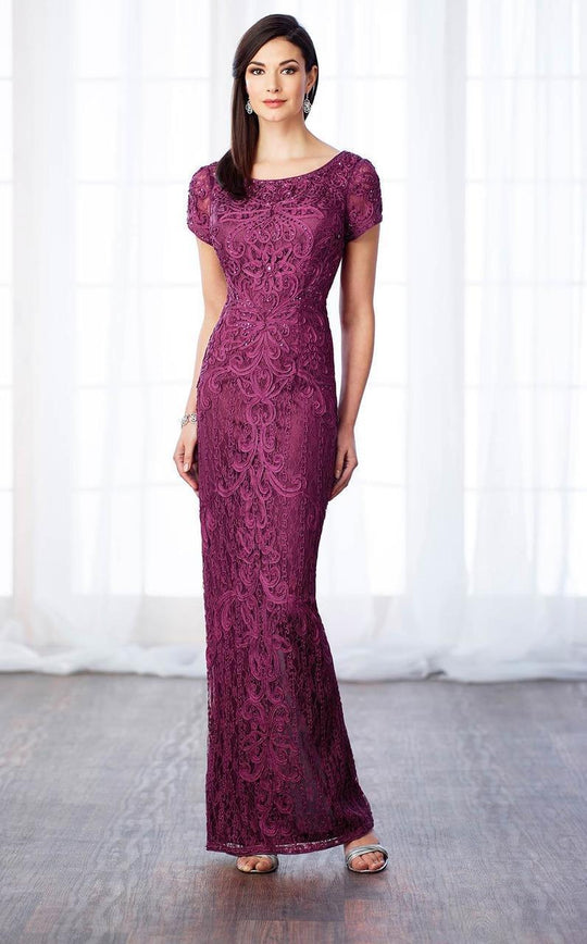 Cameron Blake Short Sleeve Jeweled Lace Sheath Gown 217637 in Purple Pink