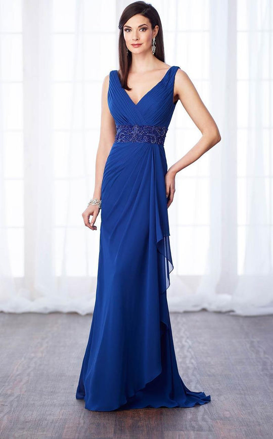 Cameron Blake - 217641 Pleated V-Neck Beaded Drape Chiffon Gown In Blue