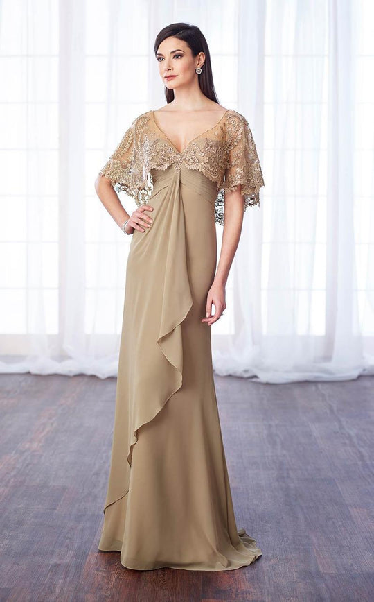 Cameron Blake - 217643 Laced V-Neck Sheath Dress in Gold