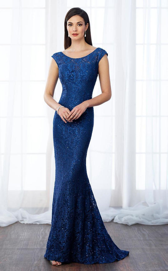 Cameron Blake - 217644 Cap Sleeve Illusion Lace Trumpet Gown in Blue