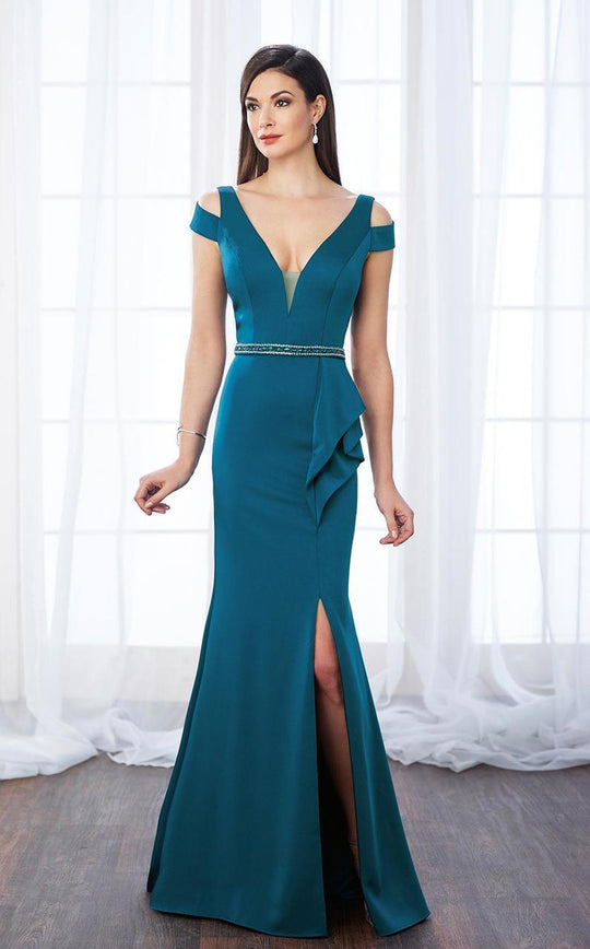 Cameron Blake - Deep V-Neck Trumpet Dress 217647 in Blue and Green