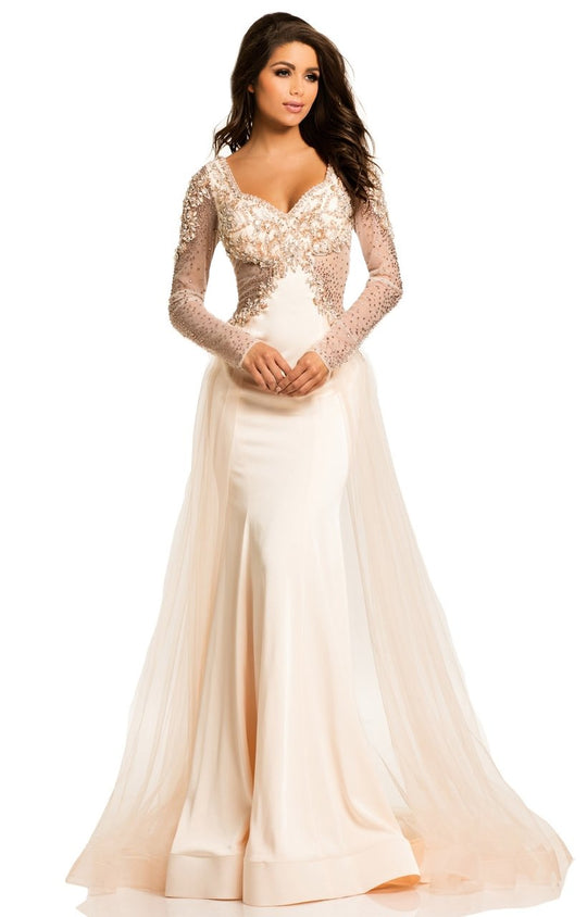 Johnathan Kayne - 8003 Beaded Sheer Long Sleeve Sweetheart Dress In Pink