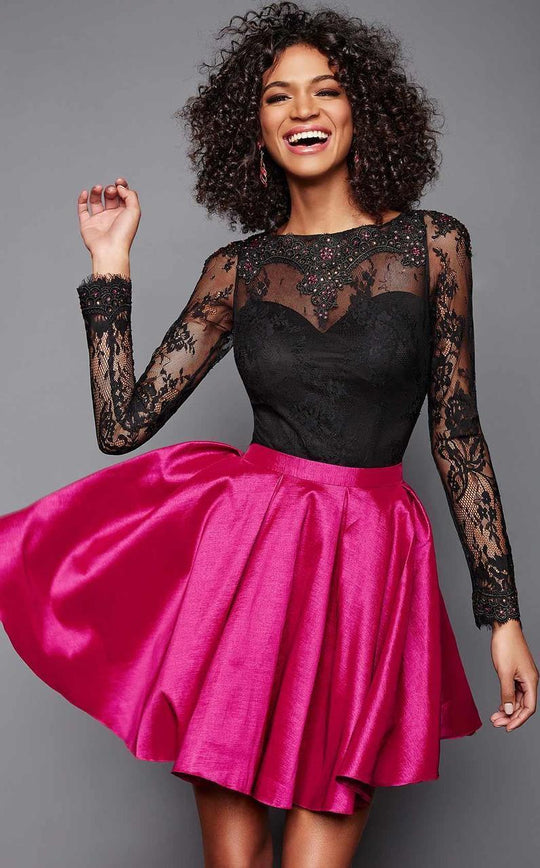Clarisse - 3304 Bedazzled Illusion Bateau A-line Dress in Black and Pink