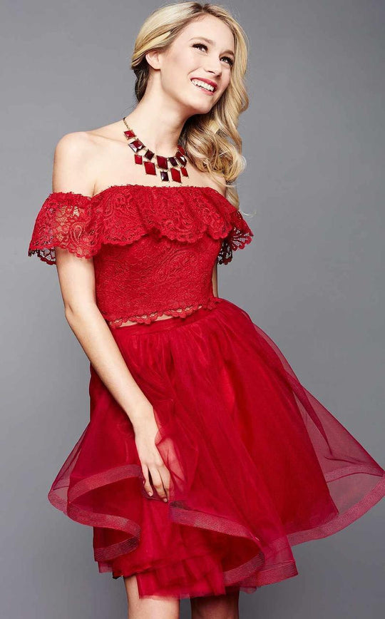 Clarisse - 3314 Off-Shoulder Two-Piece Cocktail Dress in Red