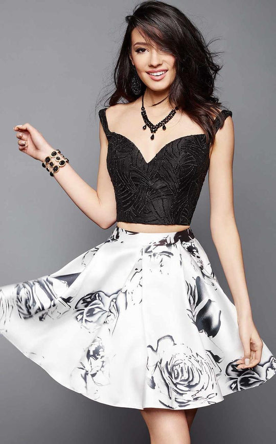 Clarisse - 3316 Beaded and Floral Two-Piece Cocktail Dress in Black and White