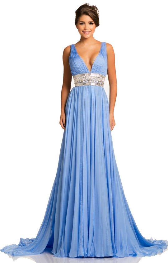 Johnathan Kayne - 8004 Plunging Ruched Silk Chiffon A-Line Gown In Blue