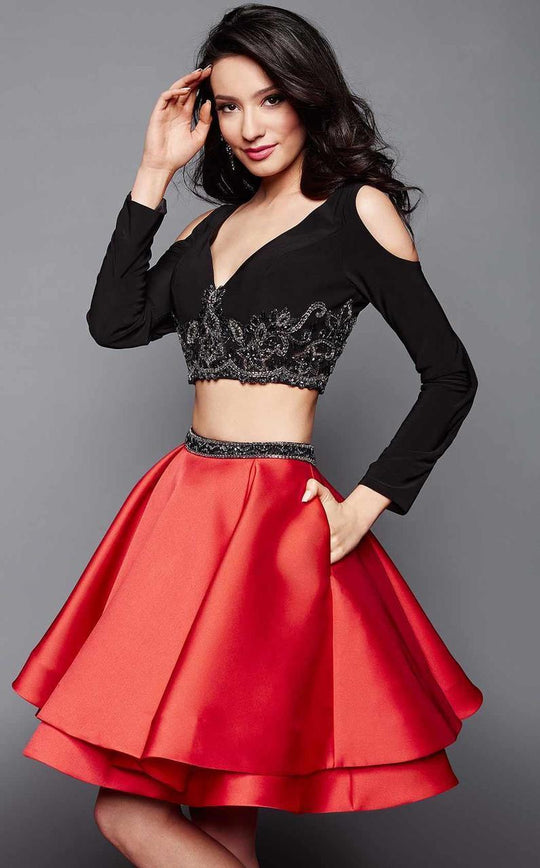 Clarisse - 3326 Long Sleeved Two-Piece Cocktail Dress in Black and Red