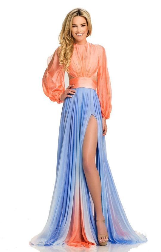 Johnathan Kayne - 8005 Jewel Long Sleeves Chiffon Gown in Orange and Blue