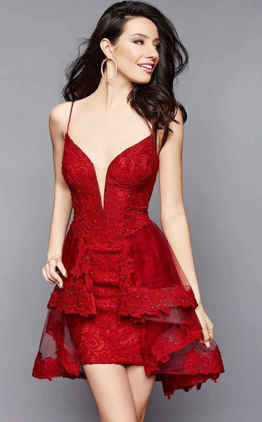 Clarisse - 3366 Plunging Neckline Lace Cocktail Dress in Red