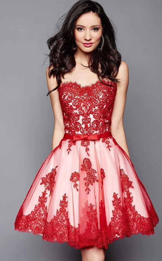 Clarisse - 3367 Beaded Lace Strapless Cocktail Dress in Red and White