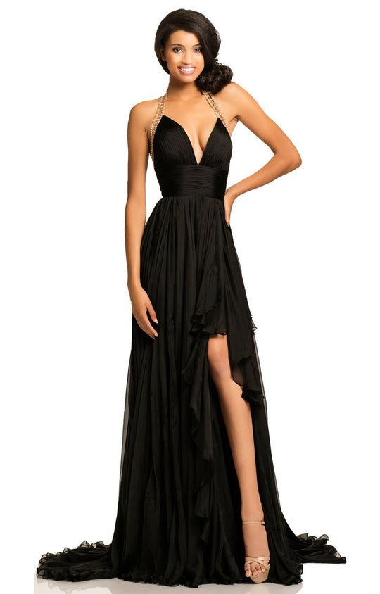 Johnathan Kayne - 8006 Gold Beaded Halter Chiffon A-line Dress In Black and Gold