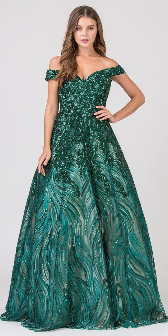 Eureka Fashion - 8007 Sequin Embellished Off-Shoulder Ballgown In Green