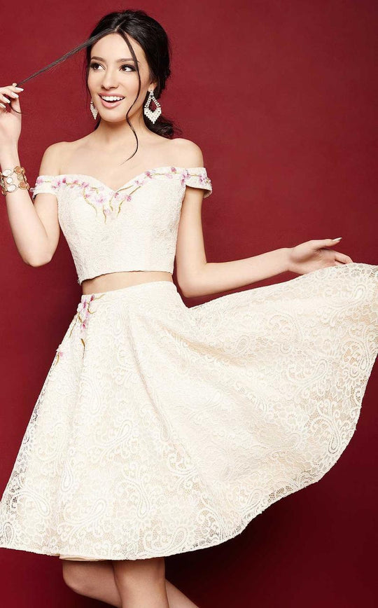 Clarisse - 3379 Two-Piece Off Shoulder Cocktail Dress in White and Neutral