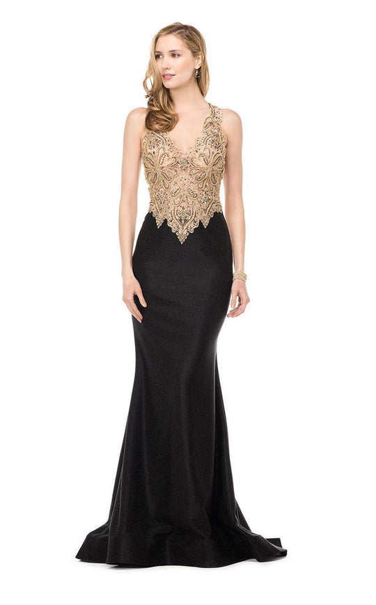 Colors Dress - 1545 Lace V-Neck Evening Gown in Black