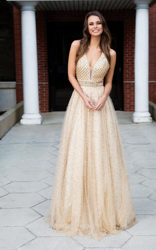 Colors Dress - 1742 Deep V-Neck Glittering Evening Gown in Gold