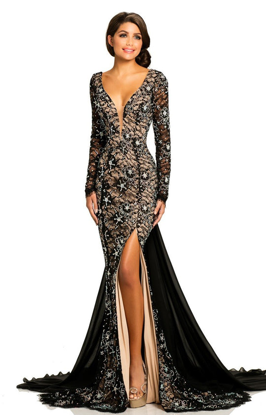 Johnathan Kayne - 8009 Fitted Lace Mermaid Gown with Train in Black and Neutral