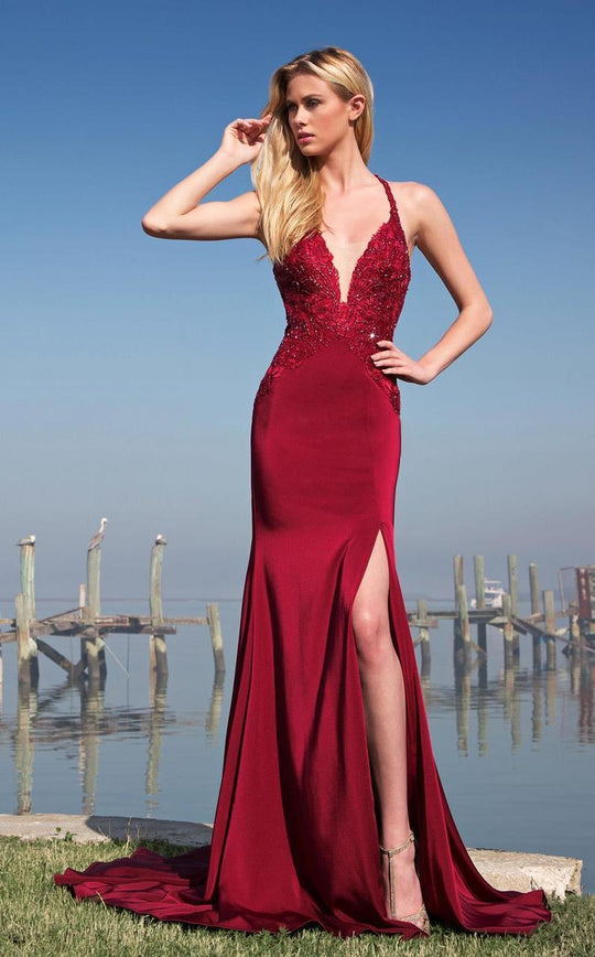 Colors Dress - 1755 Bedazzled Halter Neck Trumpet Dress in Red