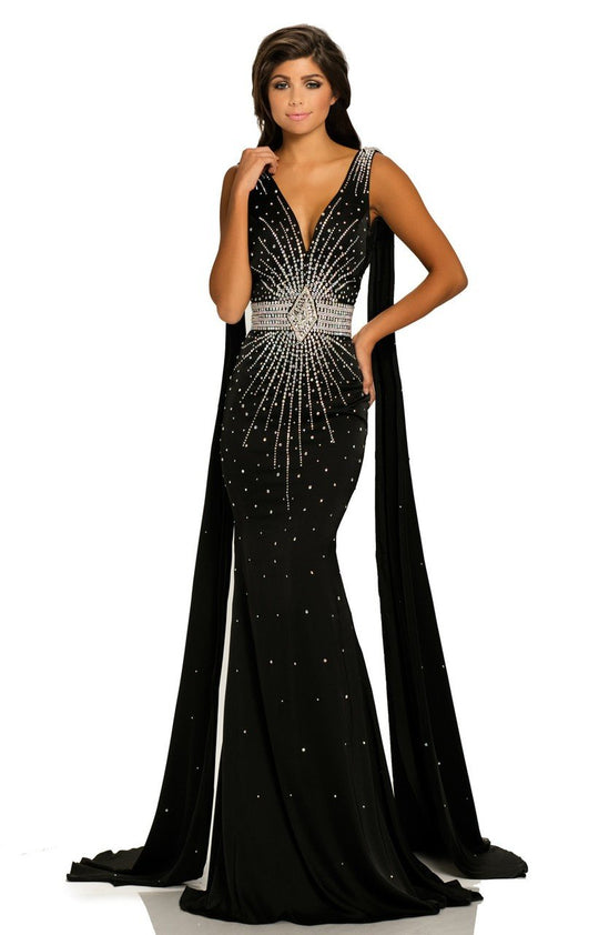 Johnathan Kayne - 8010 Crystal Embellished Caped Evening Gown in Black