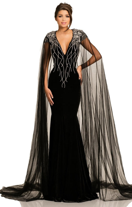 Johnathan Kayne - 8011 Deep V-Neck Velvet Gown with Mesh Cape In Black