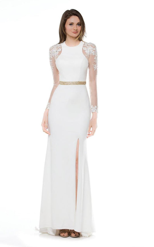 Colors Dress - 1786 Long-Sleeved Intricate Lace Evening Gown in White