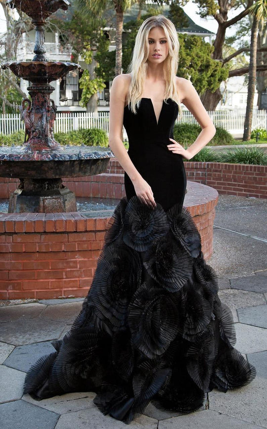 Colors Couture - J046 Embellished V-Neck Mermaid Dress in Black