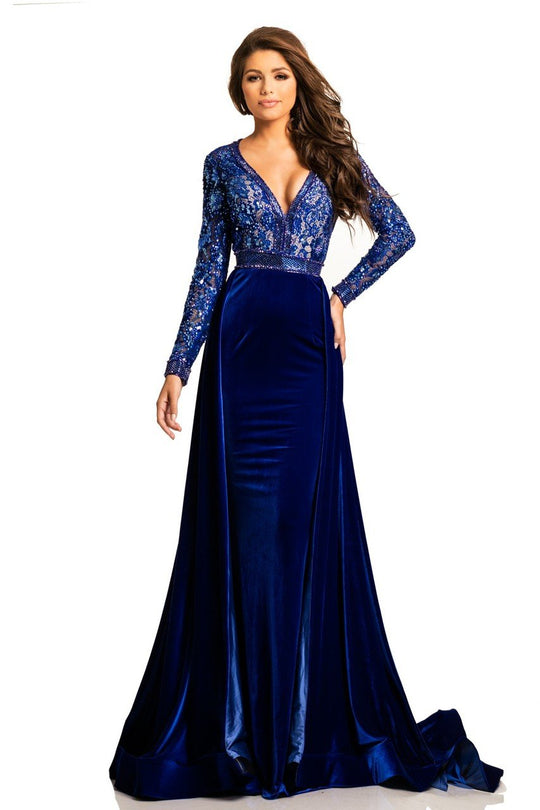 Johnathan Kayne - 8013 Embellished Lace Velvet Gown in Blue