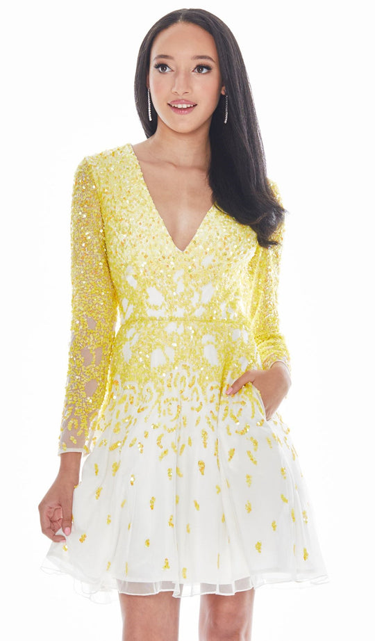 Ashley Lauren - 4134 Embellished Plunging V-neck A-line Dress In White and Yellow