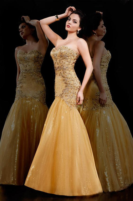 MNM Couture - 8014 Bejeweled Sweetheart Trumpet Dress in Gold