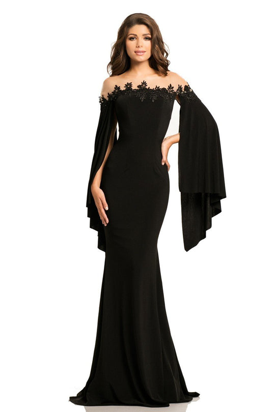 Johnathan Kayne - 8015 Mesh Off Shoulder Cape Evening Gown in Black