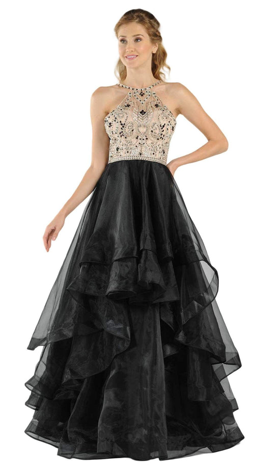 Poly USA - 8016 Beaded Illusion Halter Tiered Organza A-line Dress