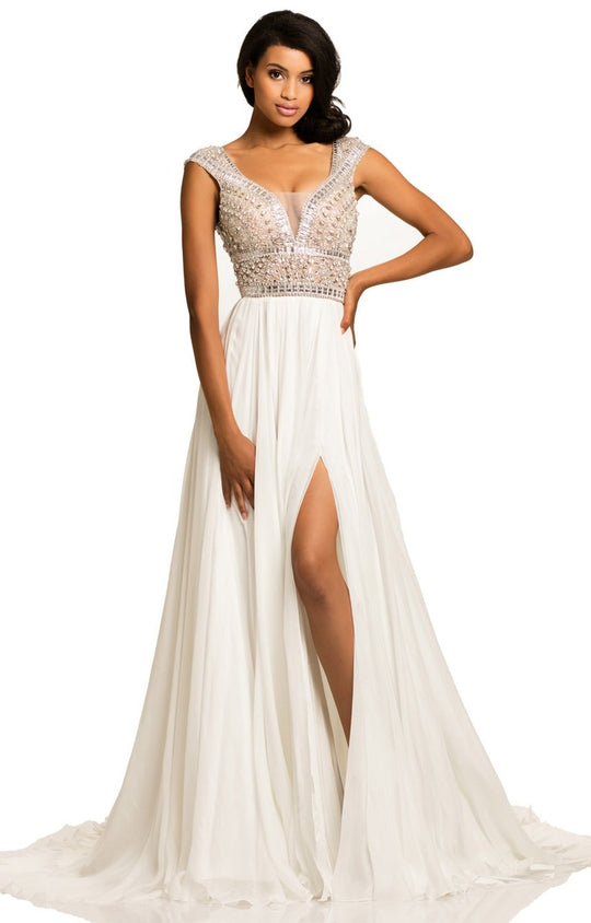 Johnathan Kayne - 8018 Cap Sleeved V-Neck A-Line Chiffon Gown In White