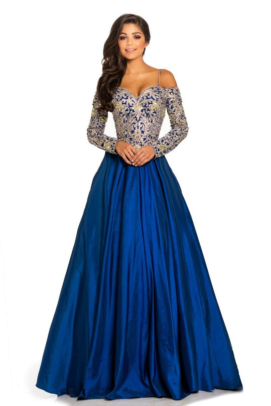Johnathan Kayne - 8020 Embroidered Off Shoulder Ballgown in Blue and Gold