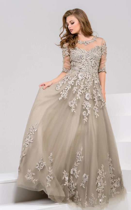 36914 Lace Beaded Scoop Neck Ballgown