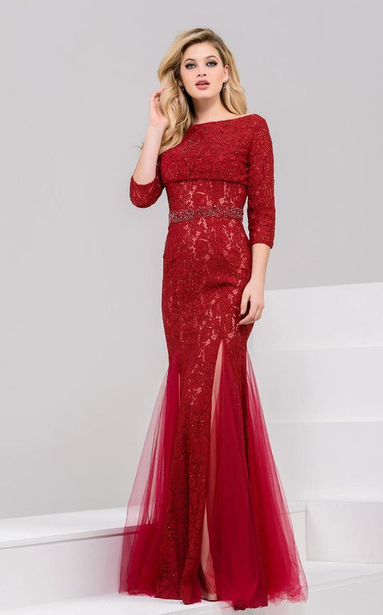 36916 Bejeweled Bateau Neck Trumpet Dress