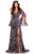 Johnathan Kayne - 8022 Plunging V-neck Chiffon/Velvet A-line Dress In Blue and Multi-Color